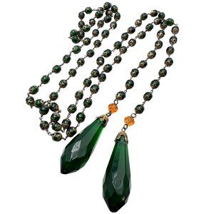 Antique Czech Art Deco Green Glass Lariat Necklace Antiqued Gold 38 Inch